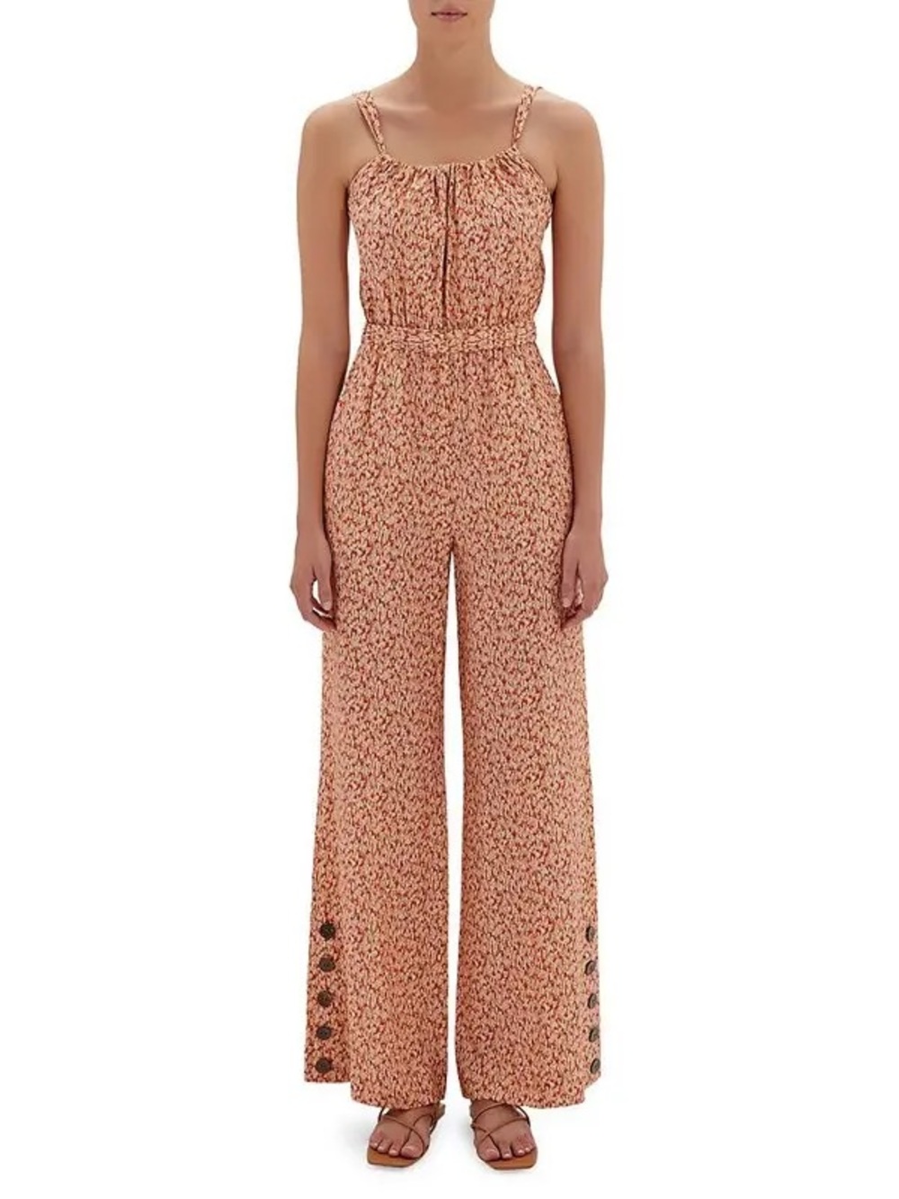 NWT SIMKHAI Serenity Brown Textured Dot Tie Back Wide Leg Jumpsuit Size S